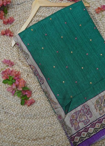 Semi Tussar Saree –  Green Purple Elephant Design