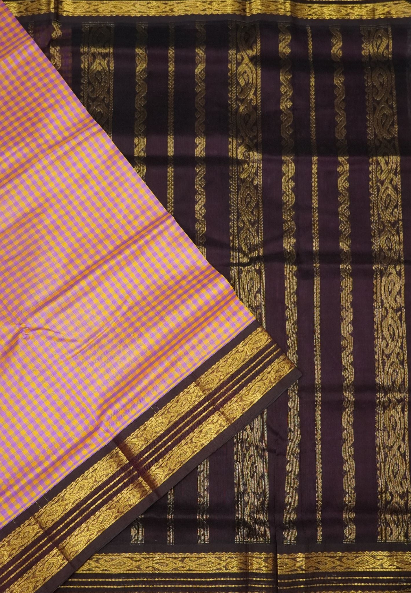 Pure Silk Cotton Saree-Purple with Palum Pazhamum Checks