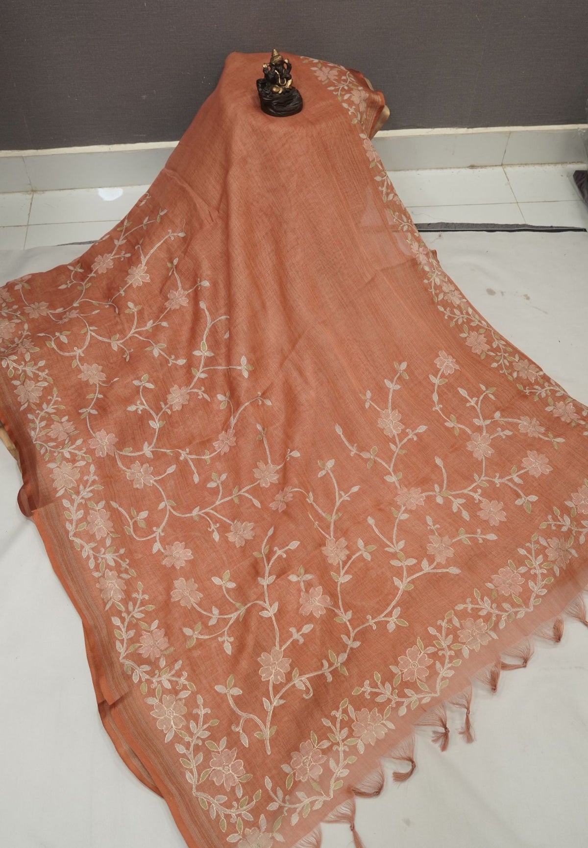 Tissue Linen Saree - Pastel Orange With Floral Embroidery