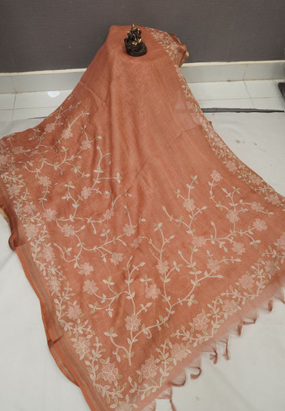 Tissue Linen Saree - Pastel Orange With Floral Embroidery