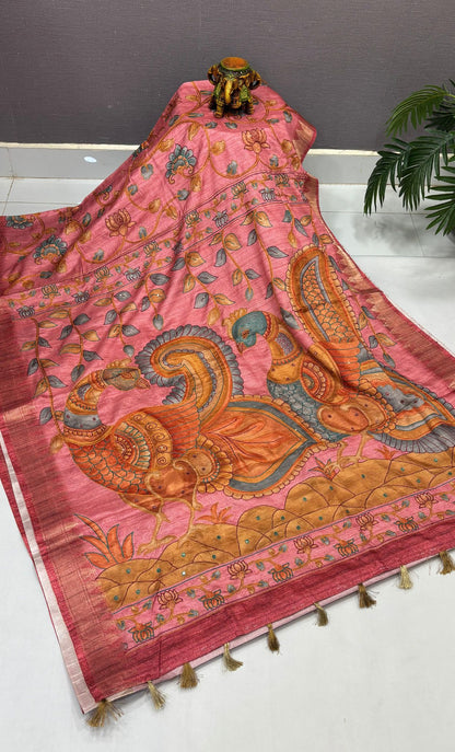 Semi Tussar Saree-Pink In Twin Peacock
