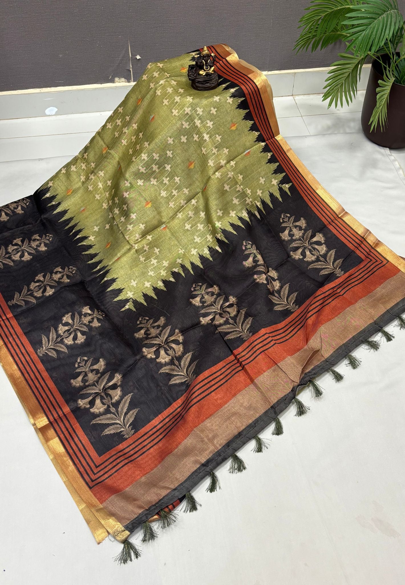 Kota Saree-Olive Green In Multi-Stripe With Contrast Border