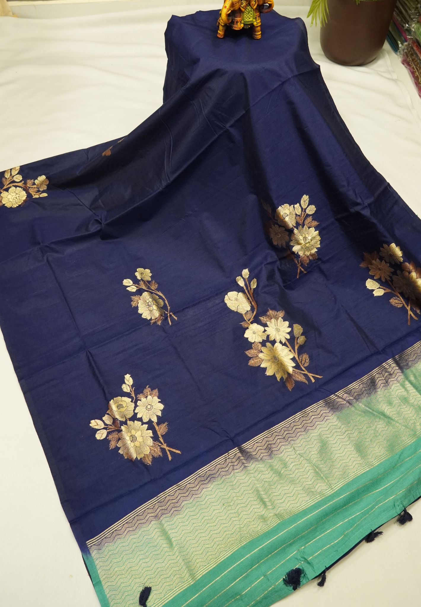 Semi Tussar Saree with Floral Zari Motifs - Navy Blue