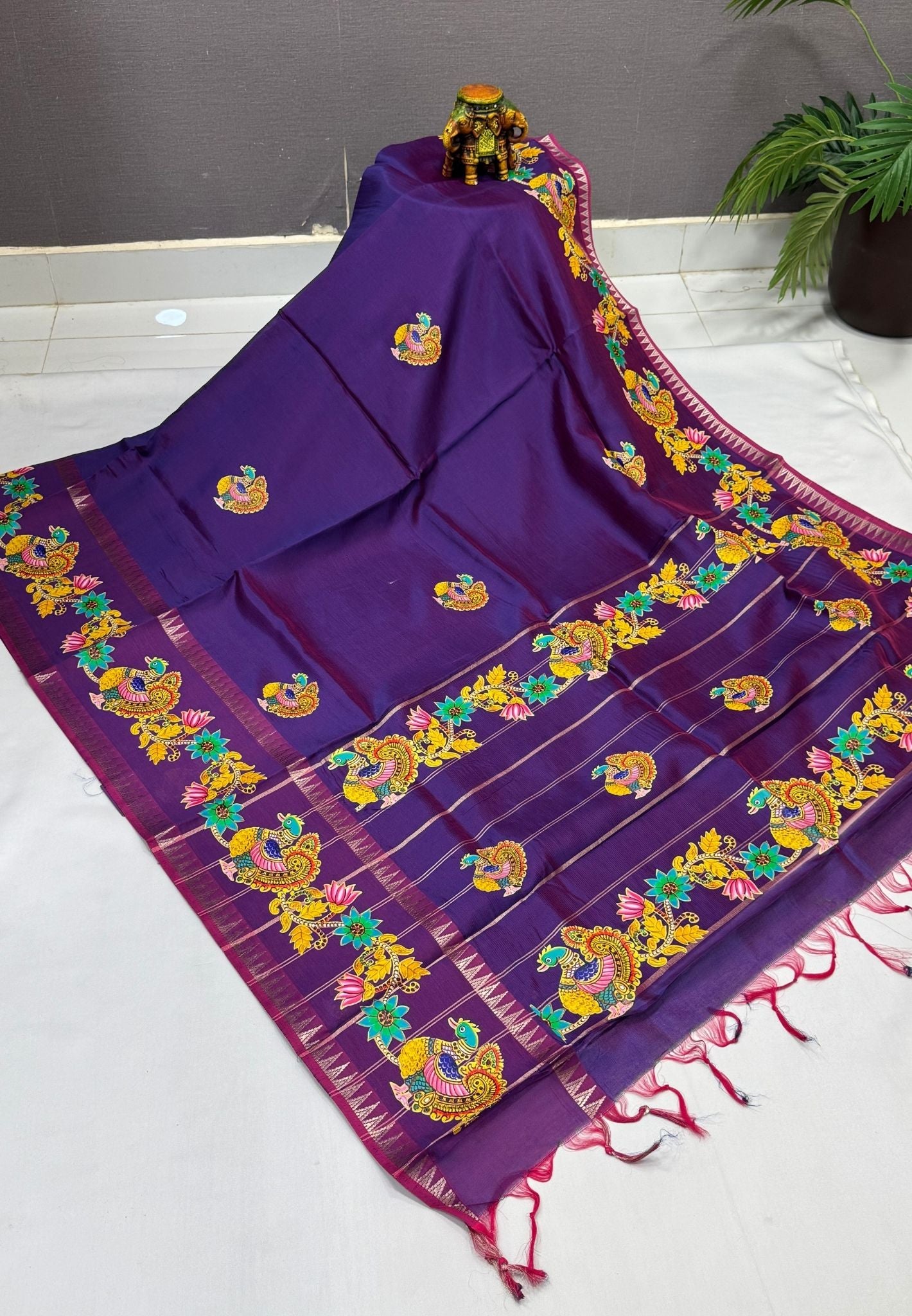 Pure Mangalgiri Silk Saree-Purple Peacock with Tanjore Print