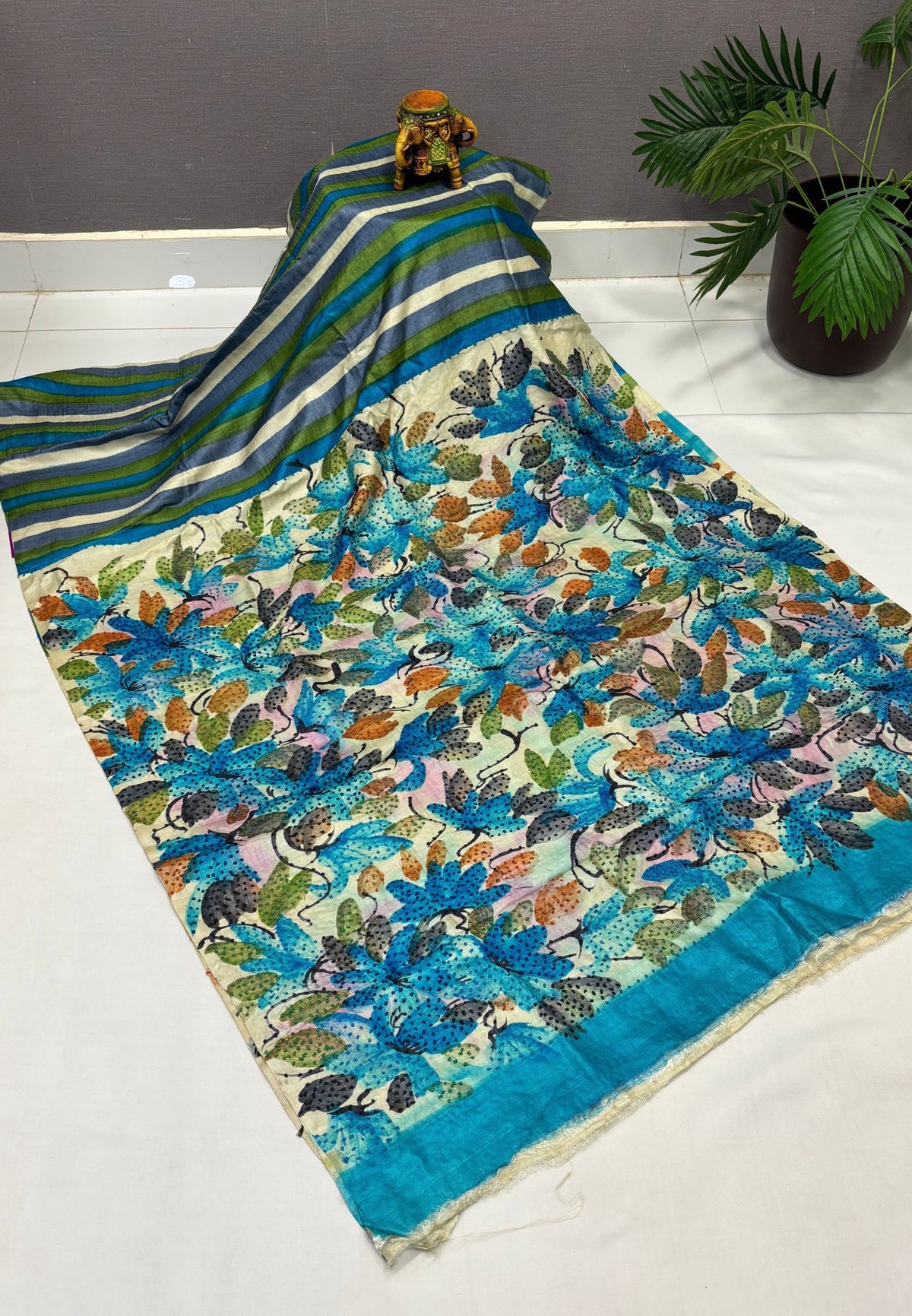 Pure Tussar Saree-Green-Blue In Stripe French Knot Border