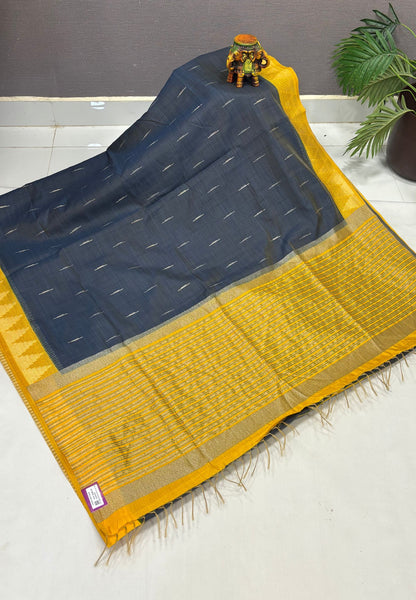 Semi Tussar Saree-Peacock Blue in Tower Pattern Border