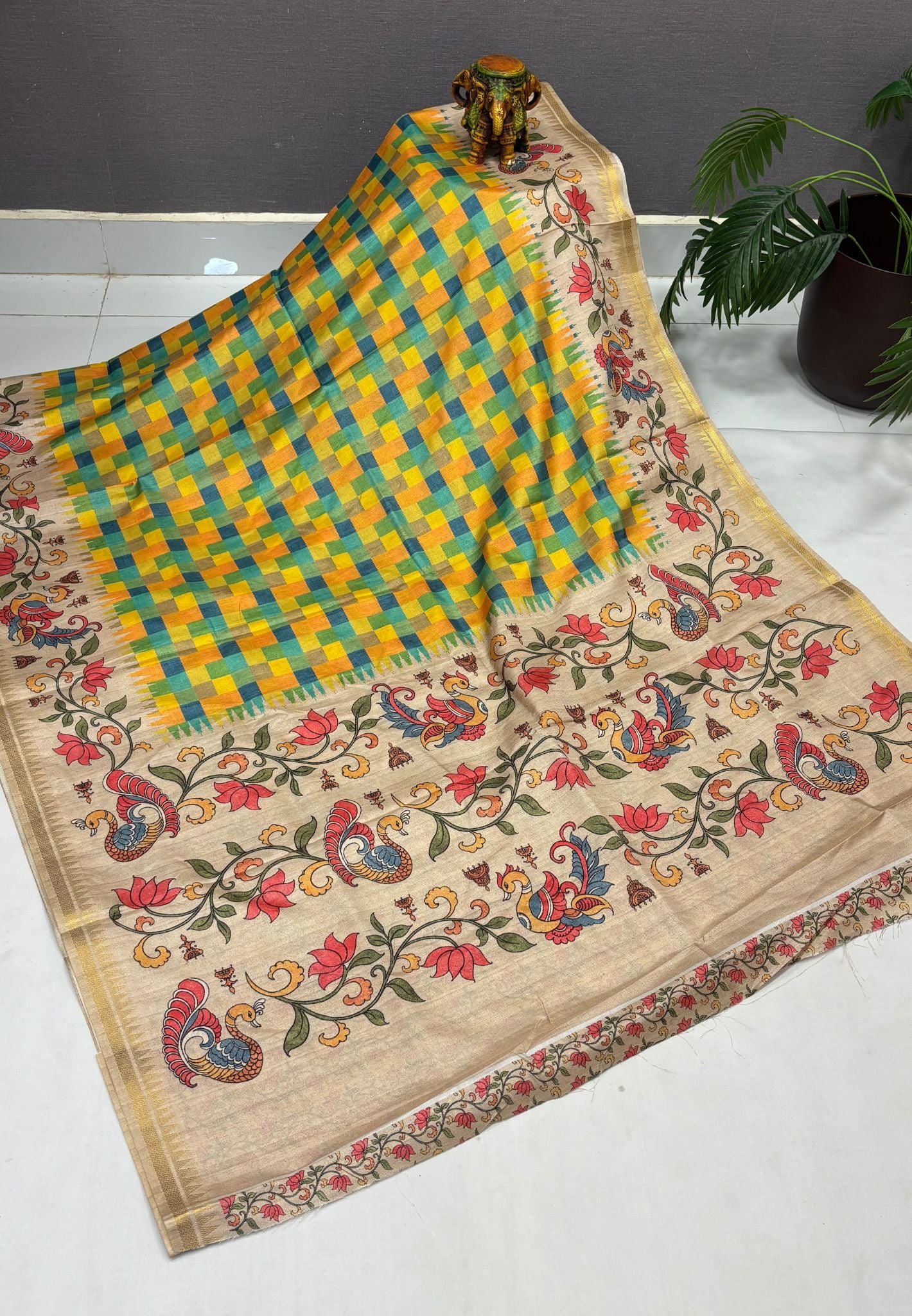 Semi Tussar Saree-Yellow in Madras Checks with Peacock Floral Border