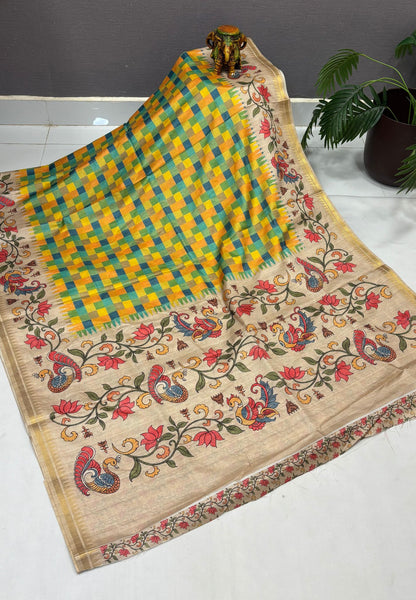 Semi Tussar Saree-Yellow in Madras Checks with Peacock Floral Border