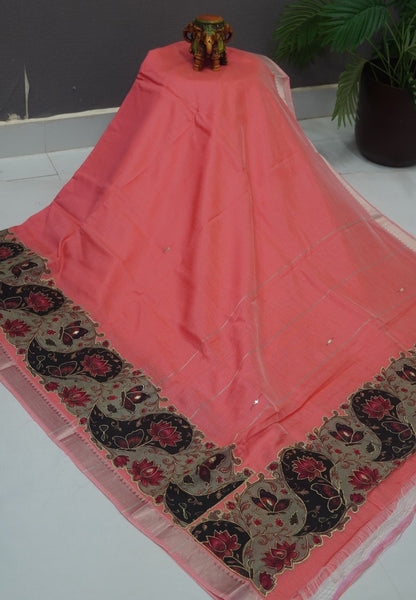 Pure Mangalgiri Silk Saree-Peach in Tanjore Print with Aplique Work