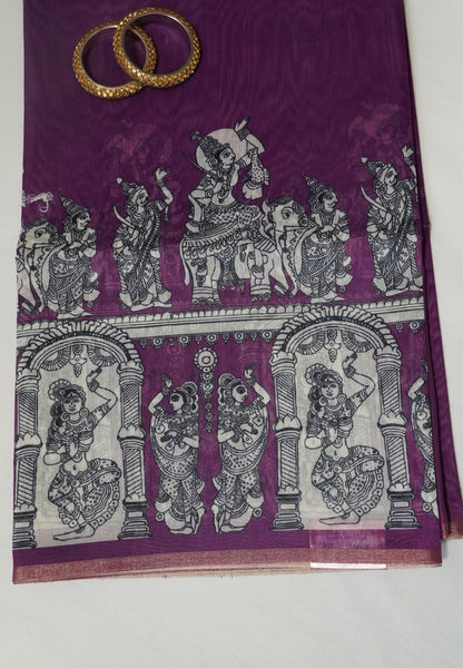 Chanderi Saree - Purple with penn kalamkari print