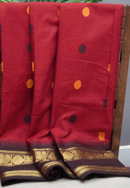Chettinad Cotton Saree–Maroon-Brown with Heritage Zari Border