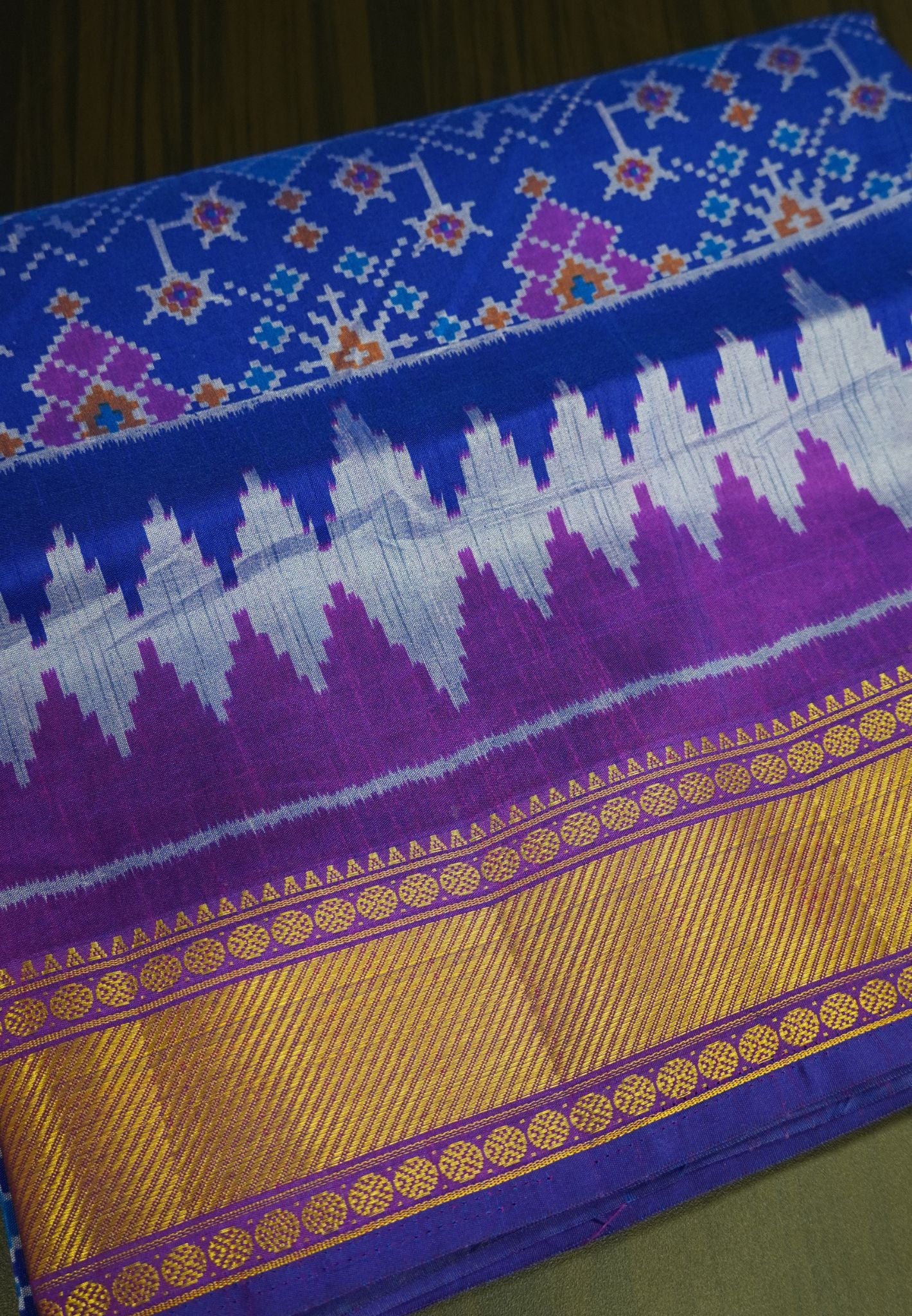 Semi Patola Saree Floral Ikkat Pattern-Ink Blue