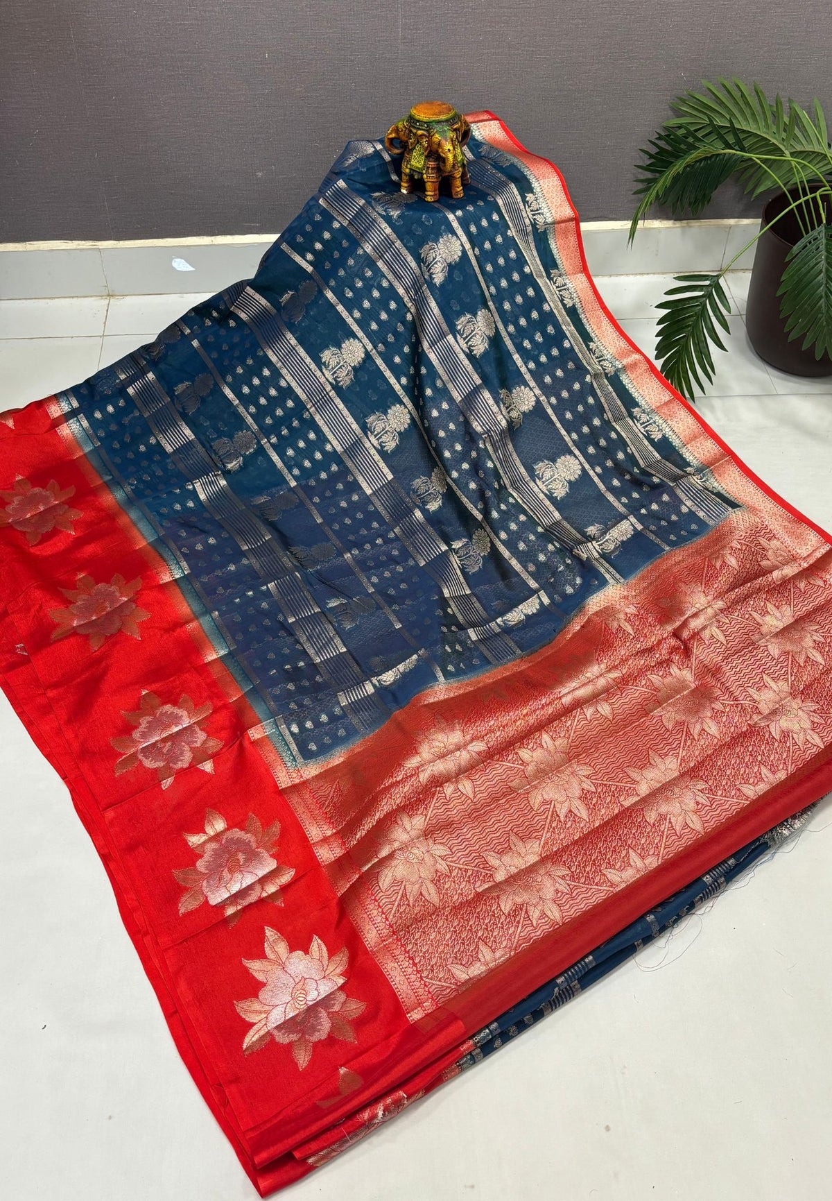 Kathan Silk Saree-Peacock Blue In Floral Brocade Zari Border