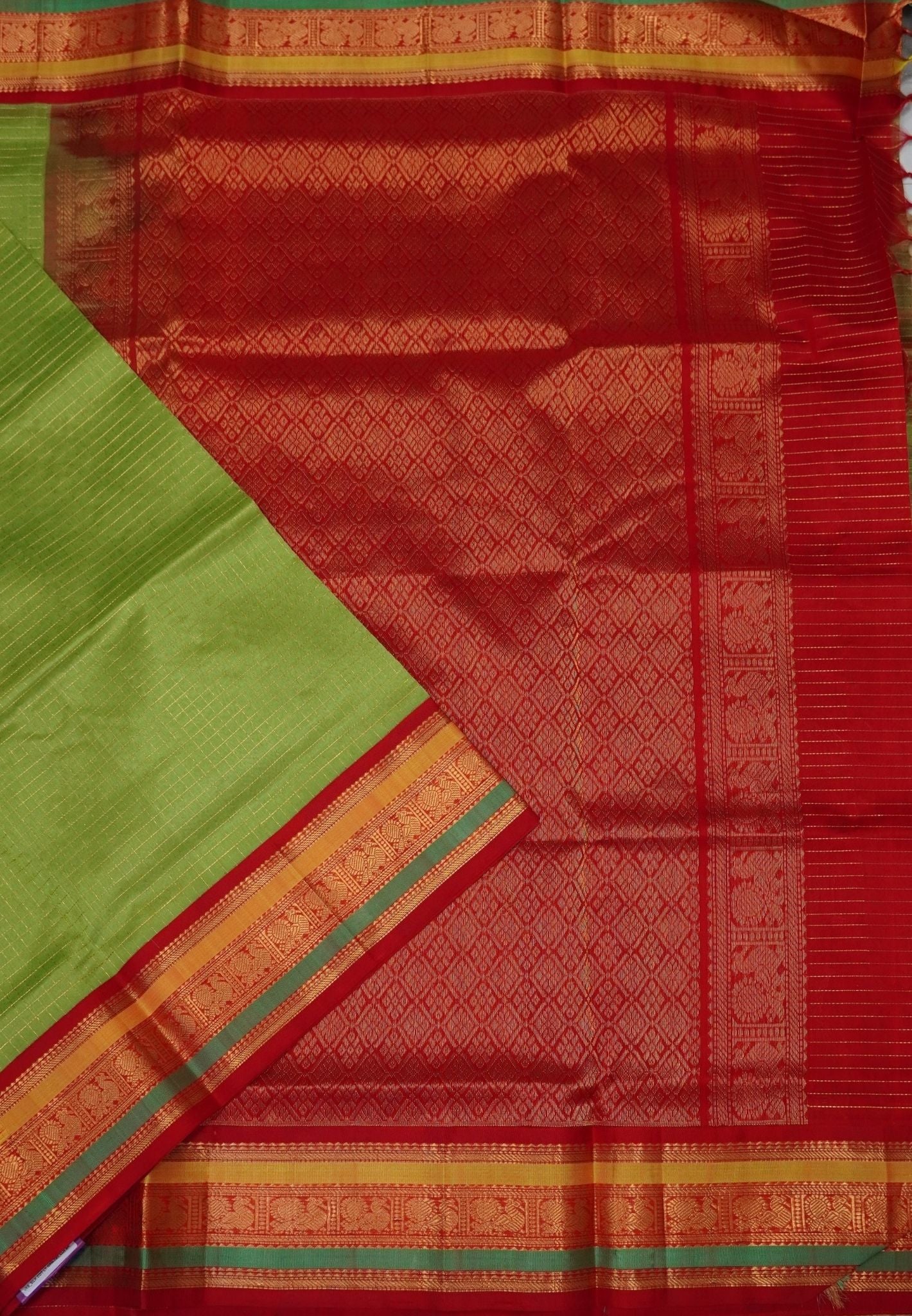 Pure Silk Cotton Saree – Light Green in Zari Checks with Contrast Border