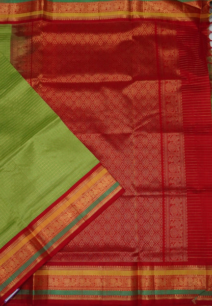 Pure Silk Cotton Saree – Light Green in Zari Checks with Contrast Border