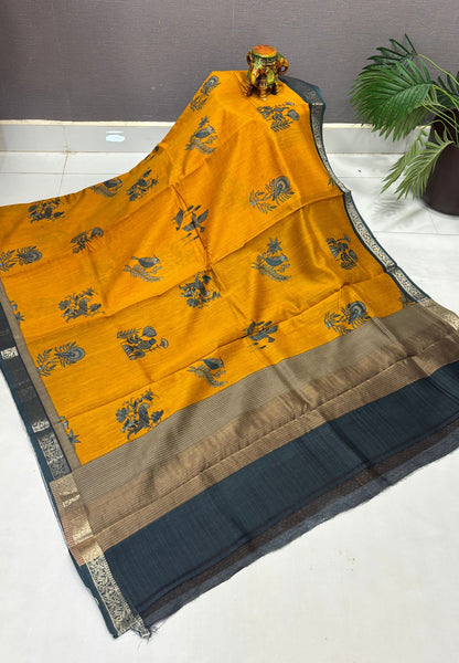 Chanderi Saree-Mustard in Traditional Bird Motif Border