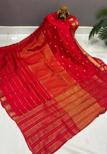 Viscose Saree-Red In Multi-Line Zari Border