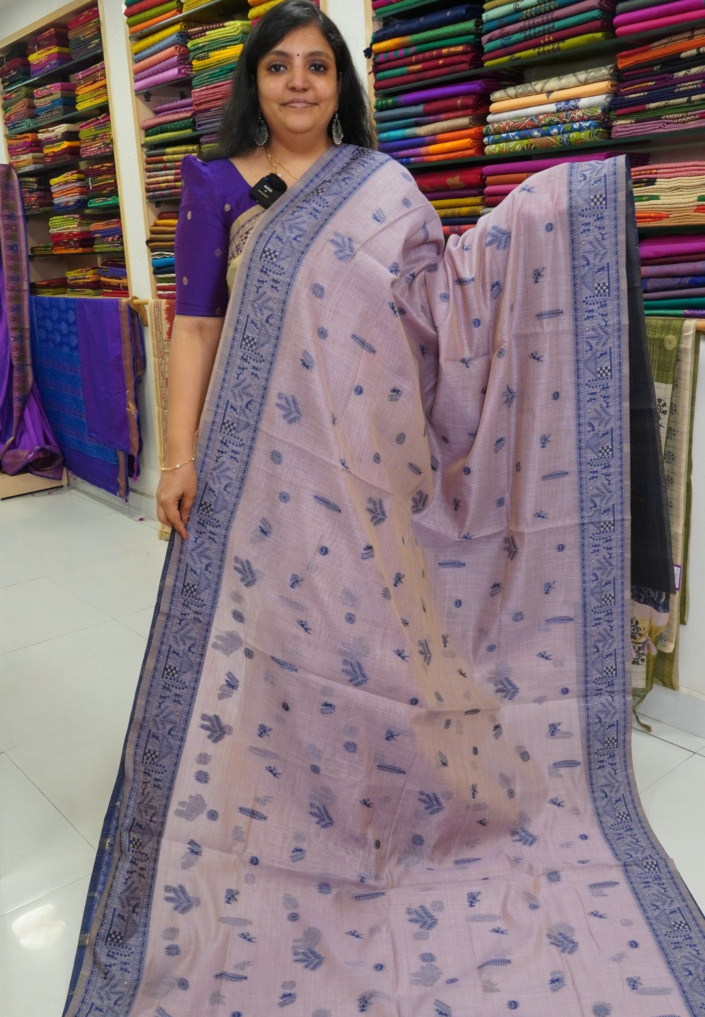 Moonga Cotton Saree Warli Pattern-Light Lavender