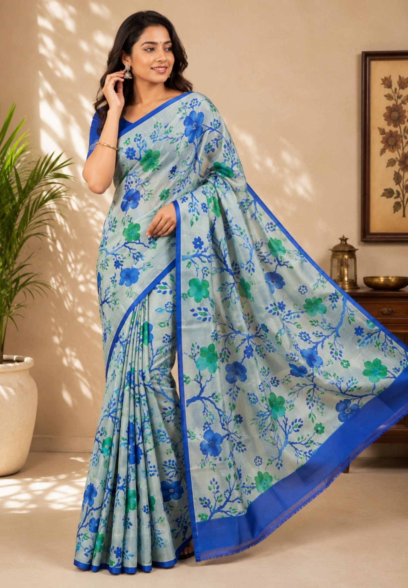 Pure Tussar Saree-Water Blue in Hand Paint