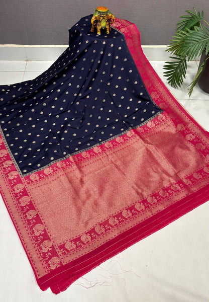 Tussar Linen Saree-Navy Blue in Traditional Peacock Floral Zari with Contrast Border