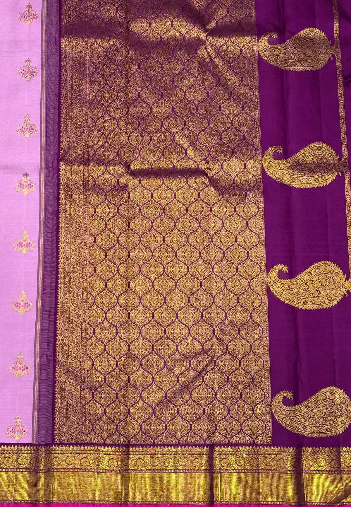 Pure Kanchipuram Silk-Lotus Pink in Paisley Butta Zari with Contrast Border