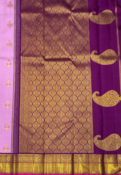 Pure Kanchipuram Silk-Lotus Pink in Paisley Butta Zari with Contrast Border