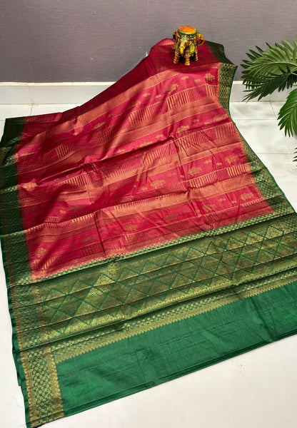 Pure Tussar Saree-Red In Geometric Diamond Zari With Contrast Border