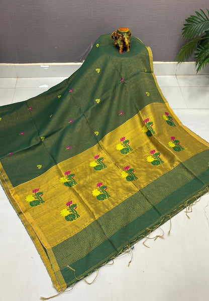 Tissue Silk Saree-Green In Lotus Motif Border
