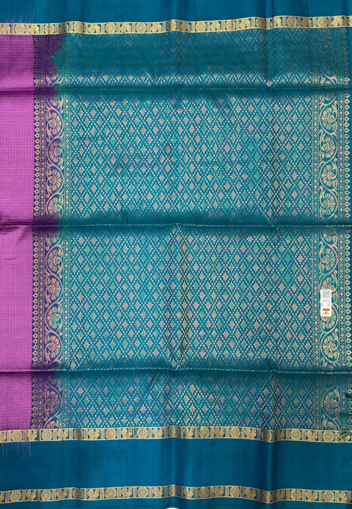 Pure Kanchipuram Silk Saree-Purple in Zari Checks with Contrast Retapet Border