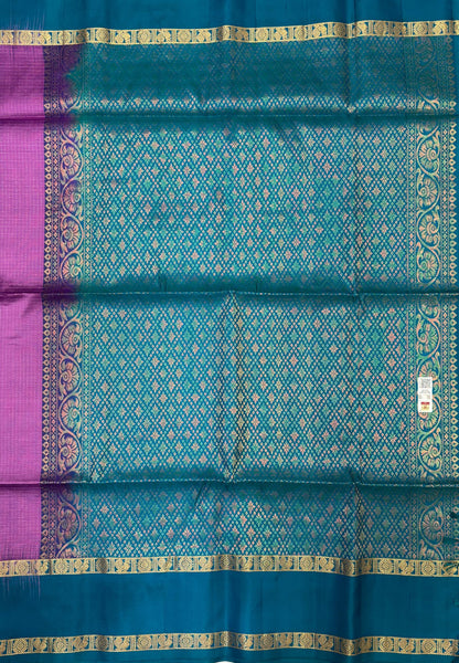 Pure Kanchipuram Silk Saree-Purple in Zari Checks with Contrast Retapet Border