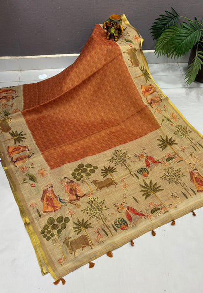 Tissue Linen Saree-Honey in Traditional Tribal Art Printed Border