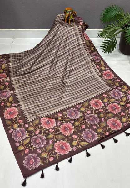Soft Tussar Saree-Brown in Floral Garden Border