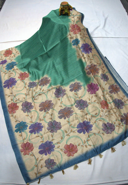 Semi Tussar Saree -Green with Kantha Work