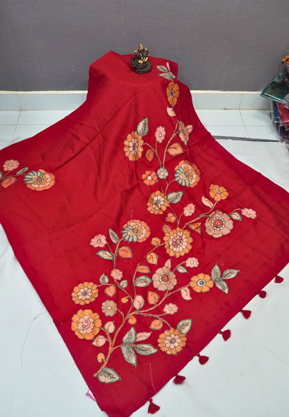 Semi Raw Silk Saree - Red With Floral Hand-Painted Designs