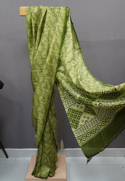 Pure Tussar Saree-Light Green with Ajrakh Pattern