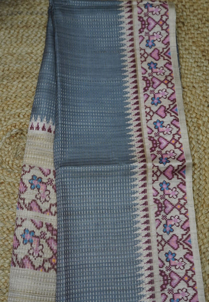 Semi Tussar Saree -Grey with Ikkat Border