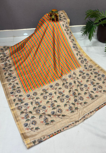 Semi Tussar Saree-Red in Mini Checks Floral Border