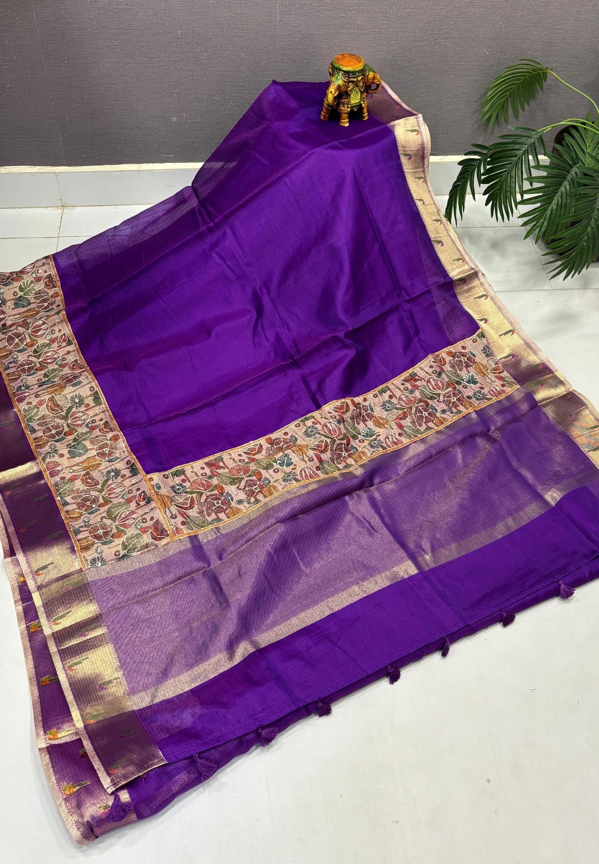 Silk Kota Saree-Violet In Kalamkari Embroidery Border