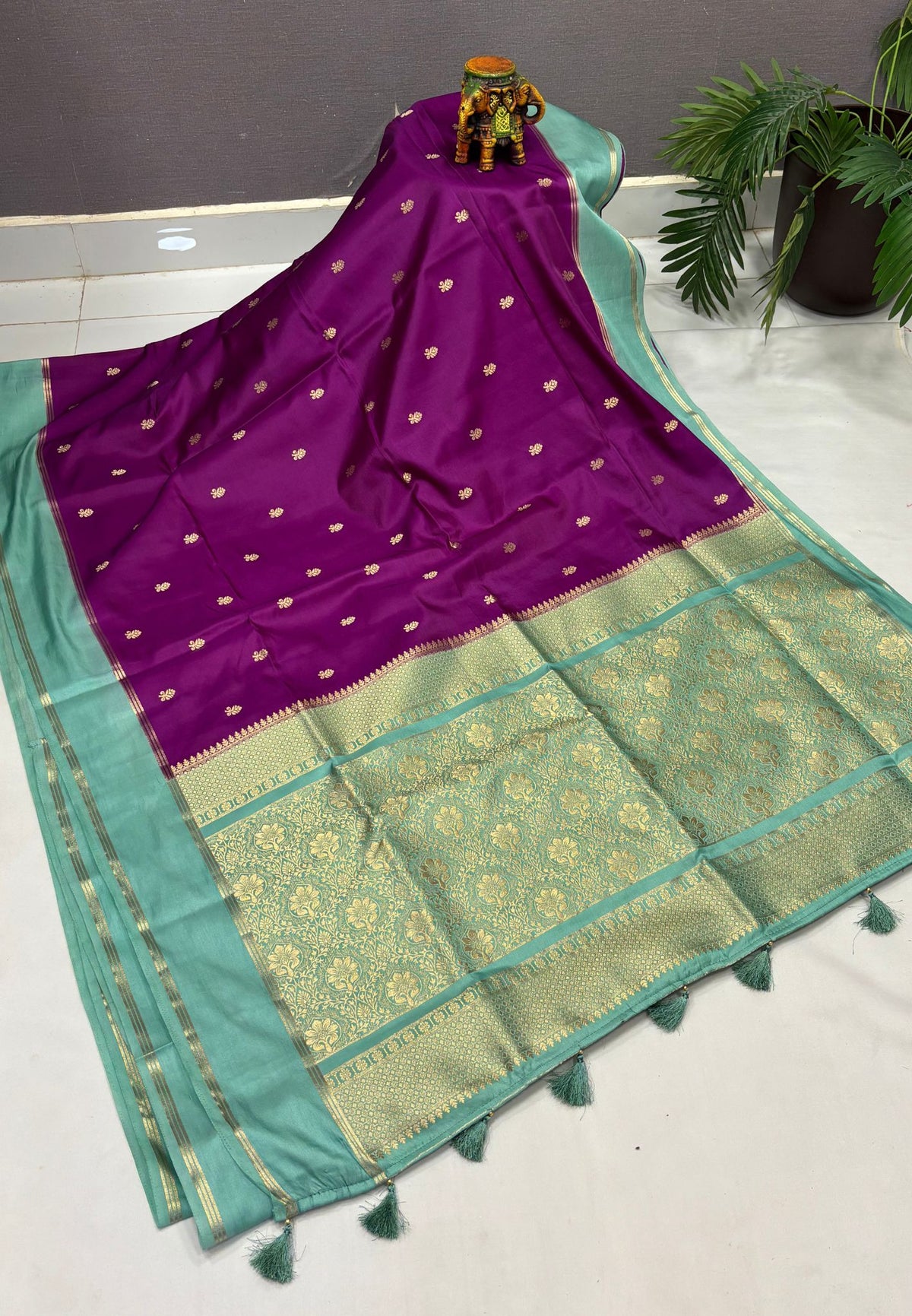 Gaji Silk Saree-Purple in Floral Brocade Zari with Contrast Border