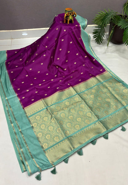 Gaji Silk Saree-Purple in Floral Brocade Zari with Contrast Border