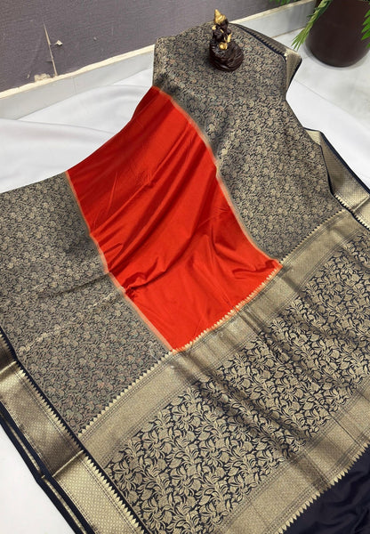Art Mysore Silk Saree-Rust Orange-Black In Floral Zari With Contrast Border