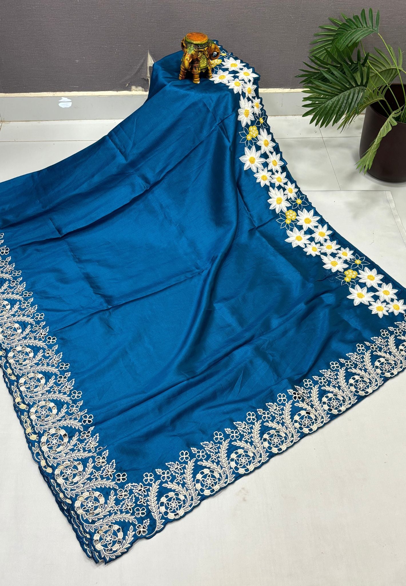 Russian Silk Saree-Sulphate Blue In Daisy Floral Embroidery Border