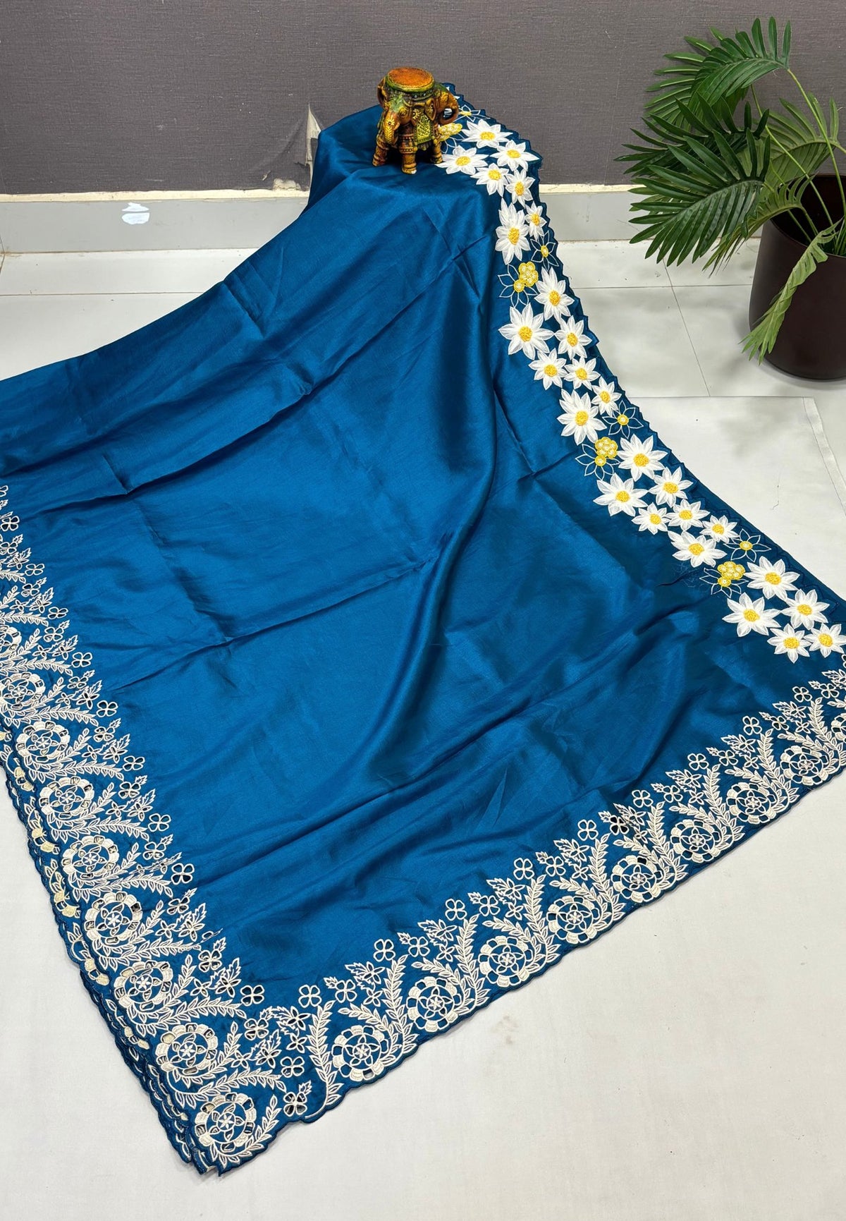 Rsian Silk Saree-Sulphate Blue In Daisy Floral Embroidery Border