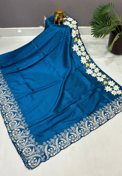 Rsian Silk Saree-Sulphate Blue In Daisy Floral Embroidery Border