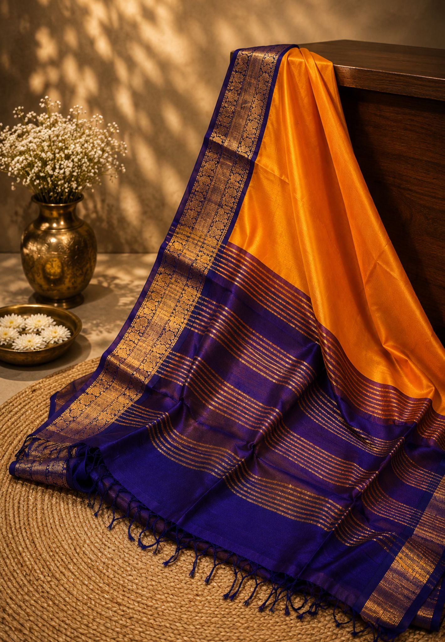 Silk Cotton Saree-Mango Yellow with Contrast Blue Border