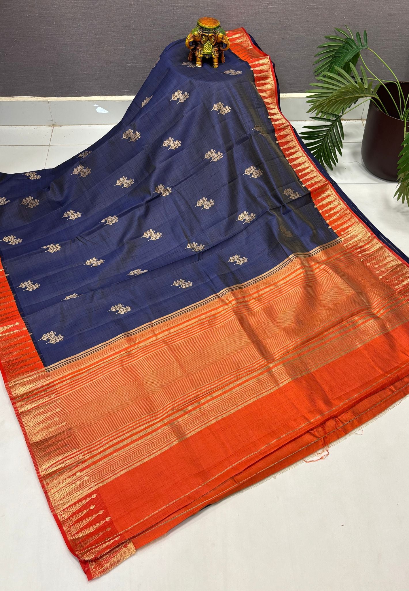 Semi Tussar Saree-Blue in Traditional Striped Zari with Contrast Border