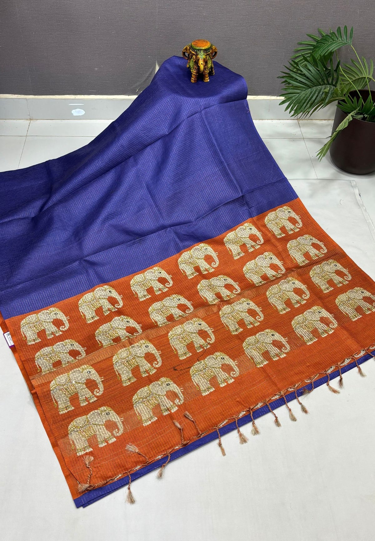 Tussar Saree-Blue In Elephant Motif Border