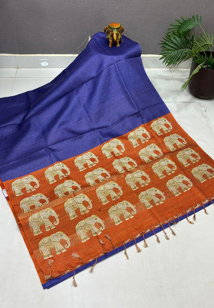 Tussar Saree-Blue In Elephant Motif Border