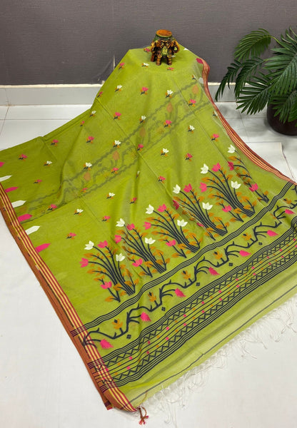 Handloom Cotton Saree-Pista Green In Lotus Floral Border