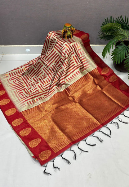 Tussar Saree-Red In Medallion Zari Border